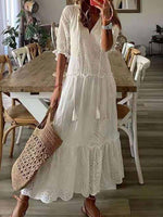 Women’s Cotton Eyelet V-Neck Half Sleeve Maxi Dress