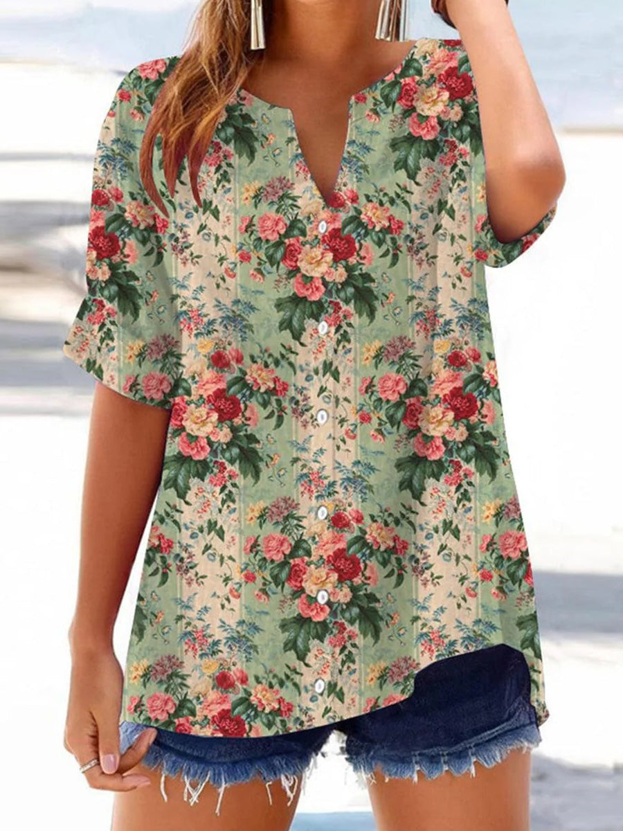 Fresh Green Floral Print V-neck Short Sleeve Top