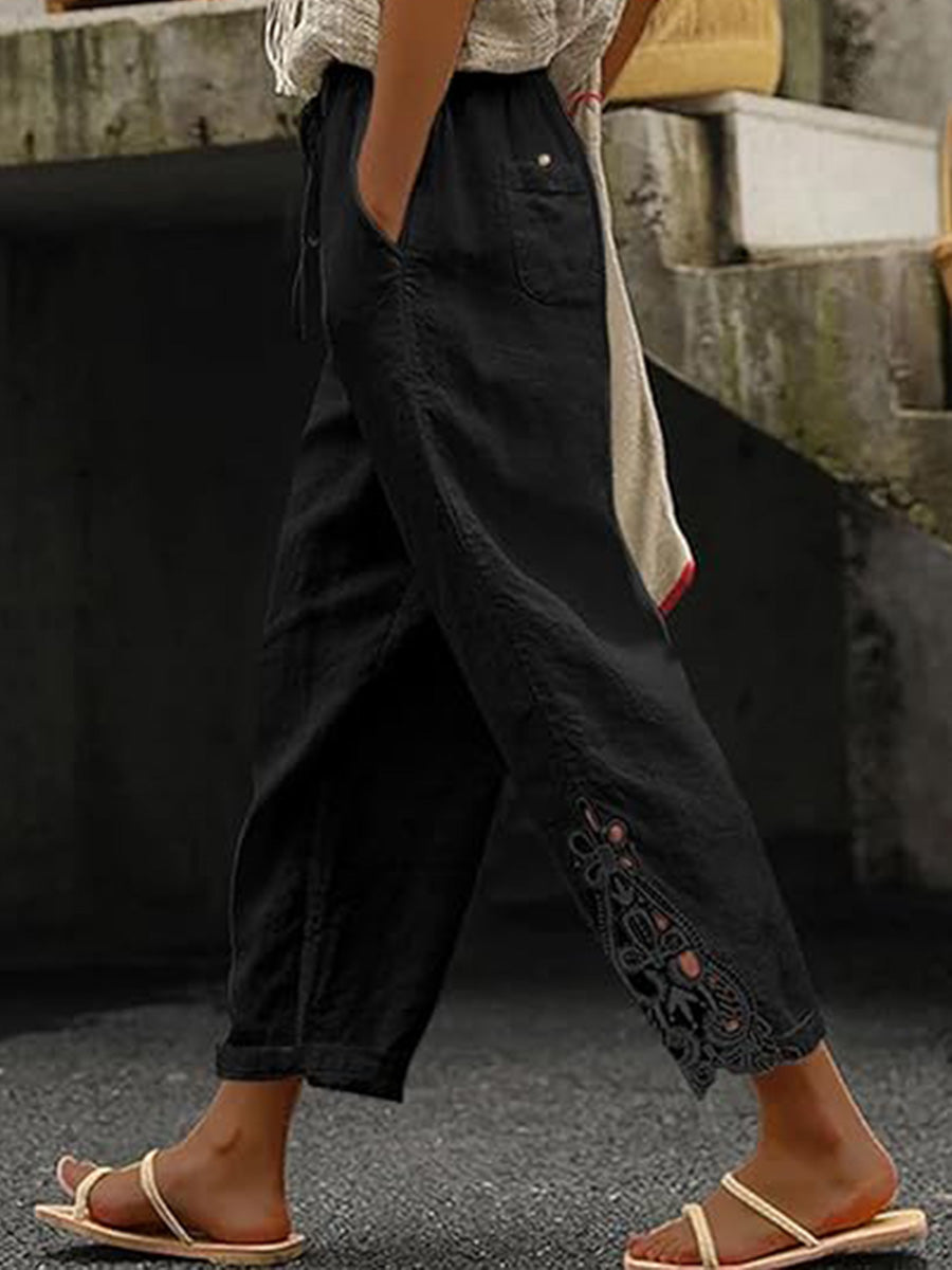 Pantalon décontracté léger pour femme avec taille élastique à cordon et poches