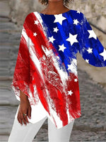 Haut rouge décontracté à motif graphique, col rond, imprimé colorblock, manches longues