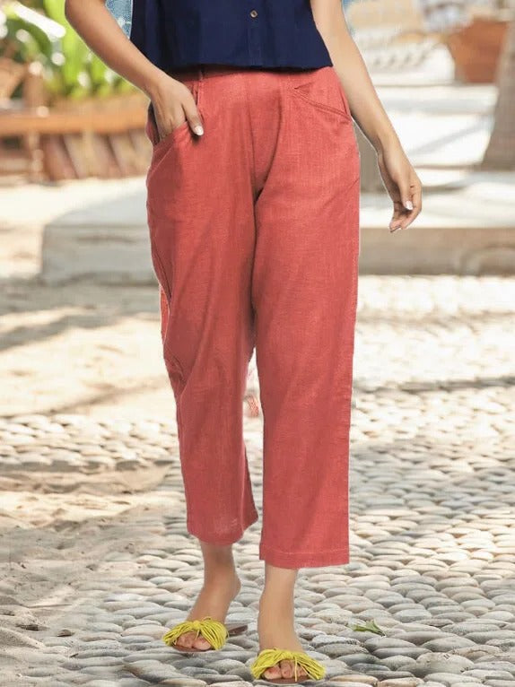 Elastic Waist Casual Brick Red Solid Cotton Linen Pants