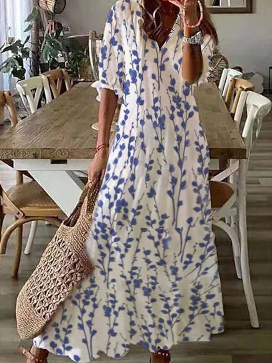 Robe maxi décontractée à col en V bleue à fleurs, ample et décontractée