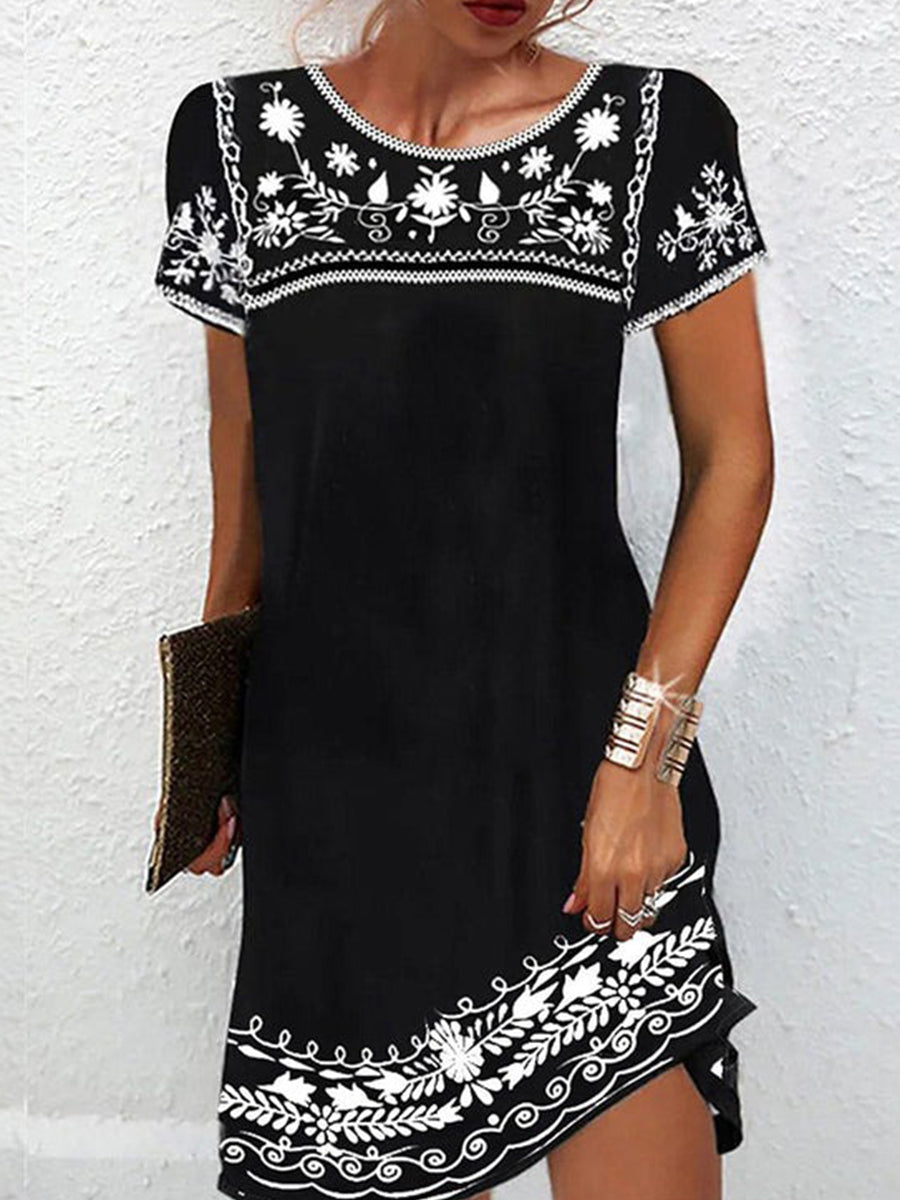 Women’s Boho Floral Embroidered Black Short Sleeve Dress