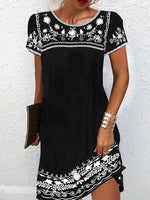 Women’s Boho Floral Embroidered Black Short Sleeve Dress