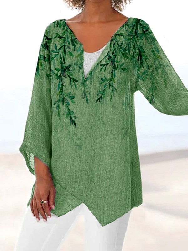 Green Casual V Neck Leaves Printed Long Sleeve Blouse