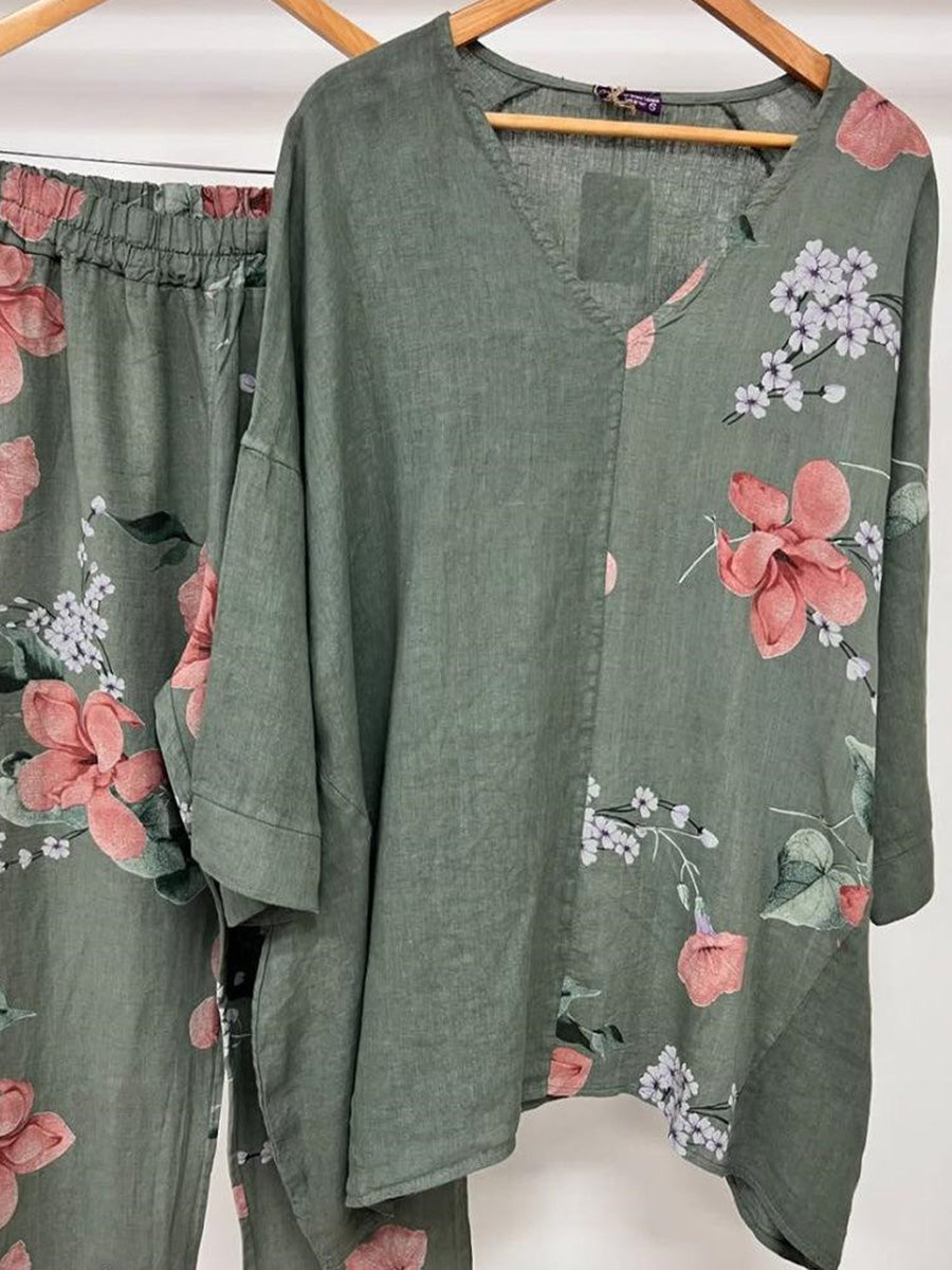 Green Floral Print V-neck Long Sleeve Two Piece Set