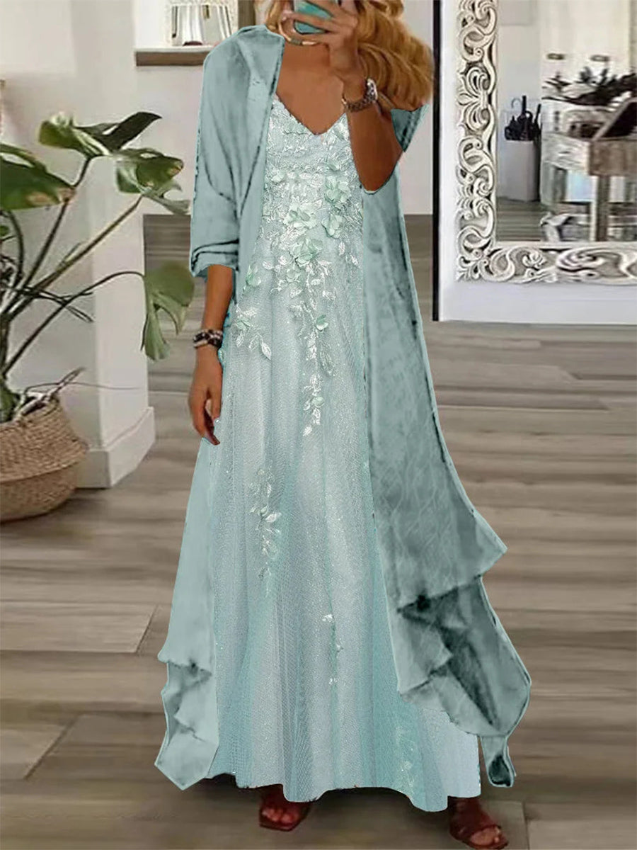 Robe longue deux pièces à manches longues et col en V pour femme, imprimée de fleurs