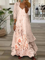 Robe longue deux pièces à manches longues et col en V pour femme, imprimée de fleurs