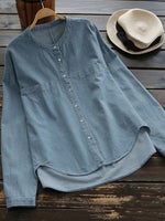 Leisure Stand Up Collar Washed Denim Irregular Long Sleeved Shirt