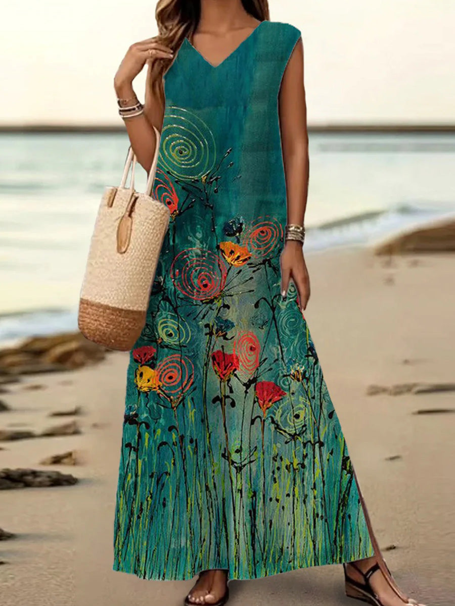 Green Floral Print V-neck Sleeveless Maxi Dress