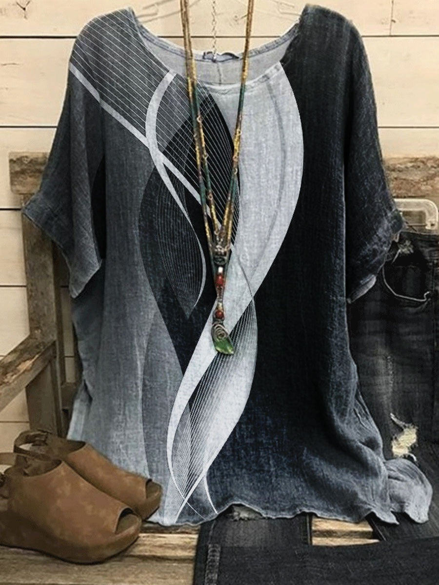 Schwarze, lässige Bluse mit Rundhalsausschnitt, Print und kurzen Ärmeln