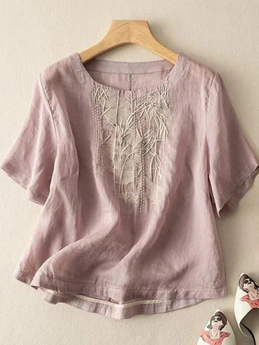 Chemise patchwork à manches courtes brodée style rétro