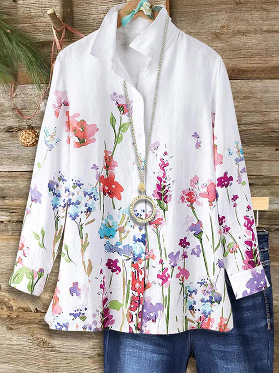 Chemise à manches longues à revers imprimé floral romantique