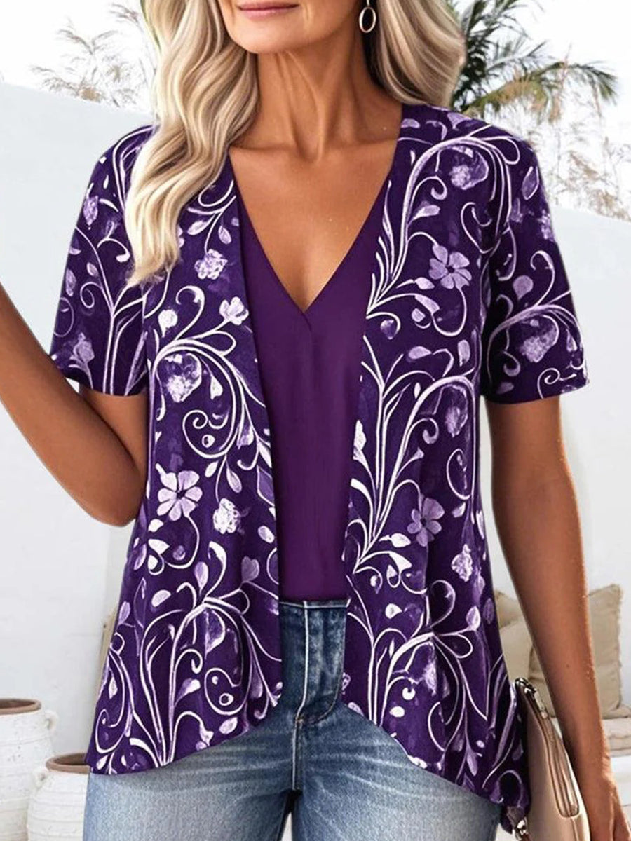 Haut violet à col en V et manches courtes