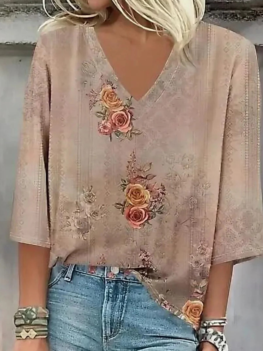 Haut kaki rétro à col en V et manches 3/4