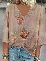 Haut kaki rétro à col en V et manches 3/4