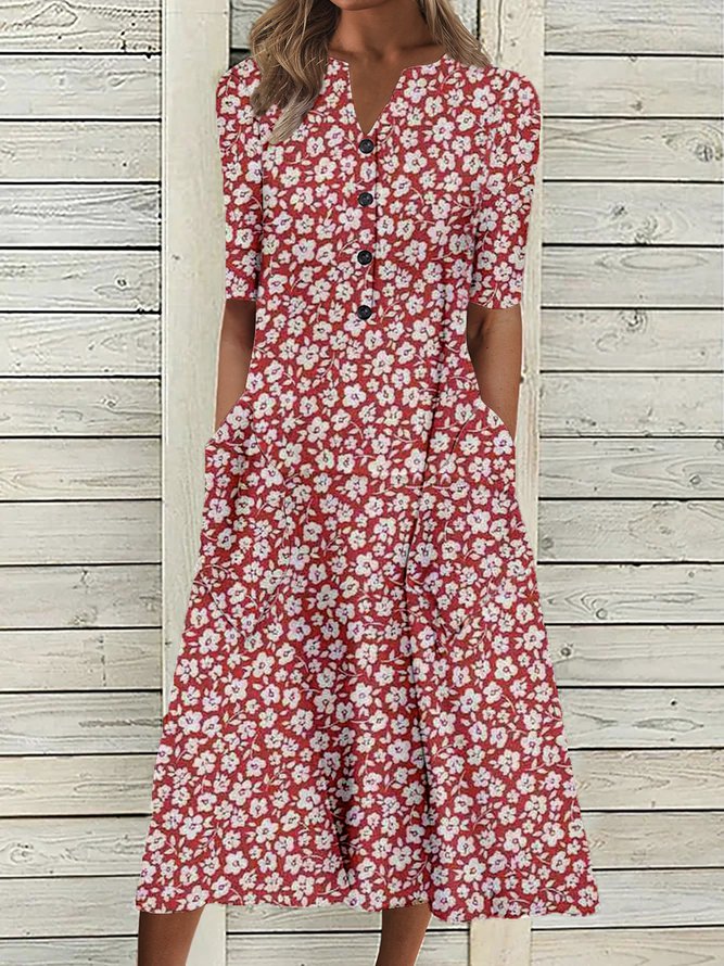 Women’s Floral Print Button-Front Midi Dress with Pockets