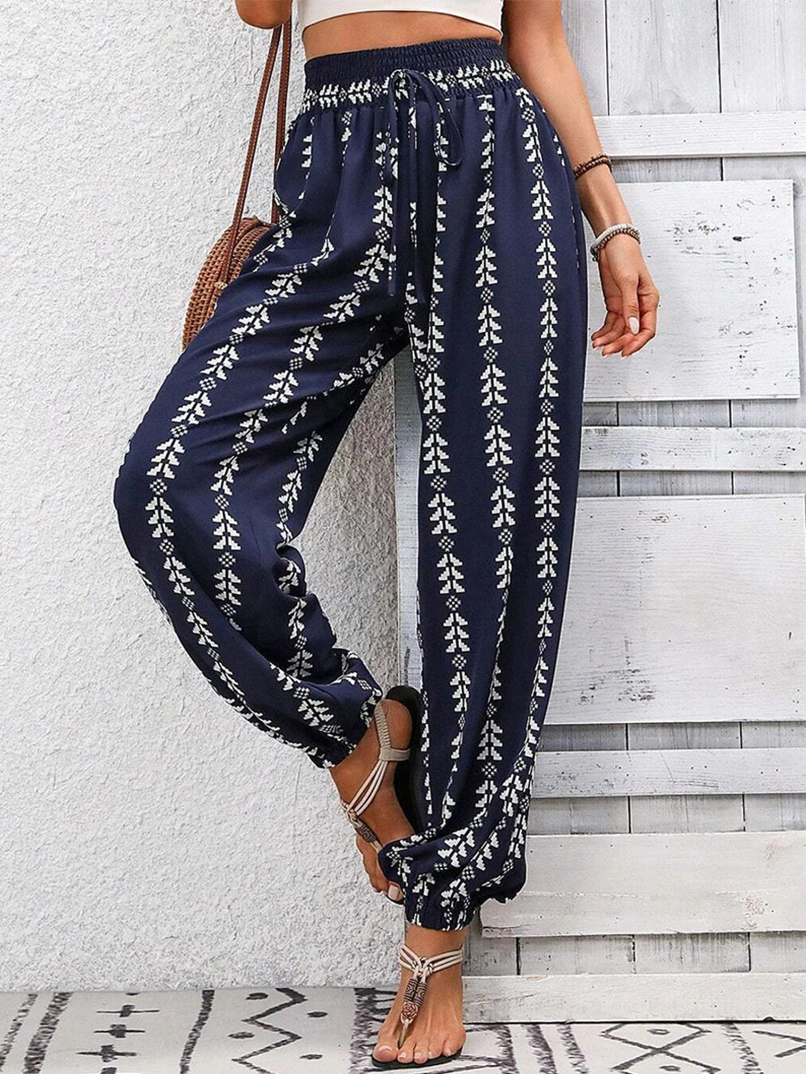 Pantalon taille haute imprimé noué