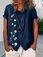 Floral Print Short Sleeve Buckle Casual Blouse