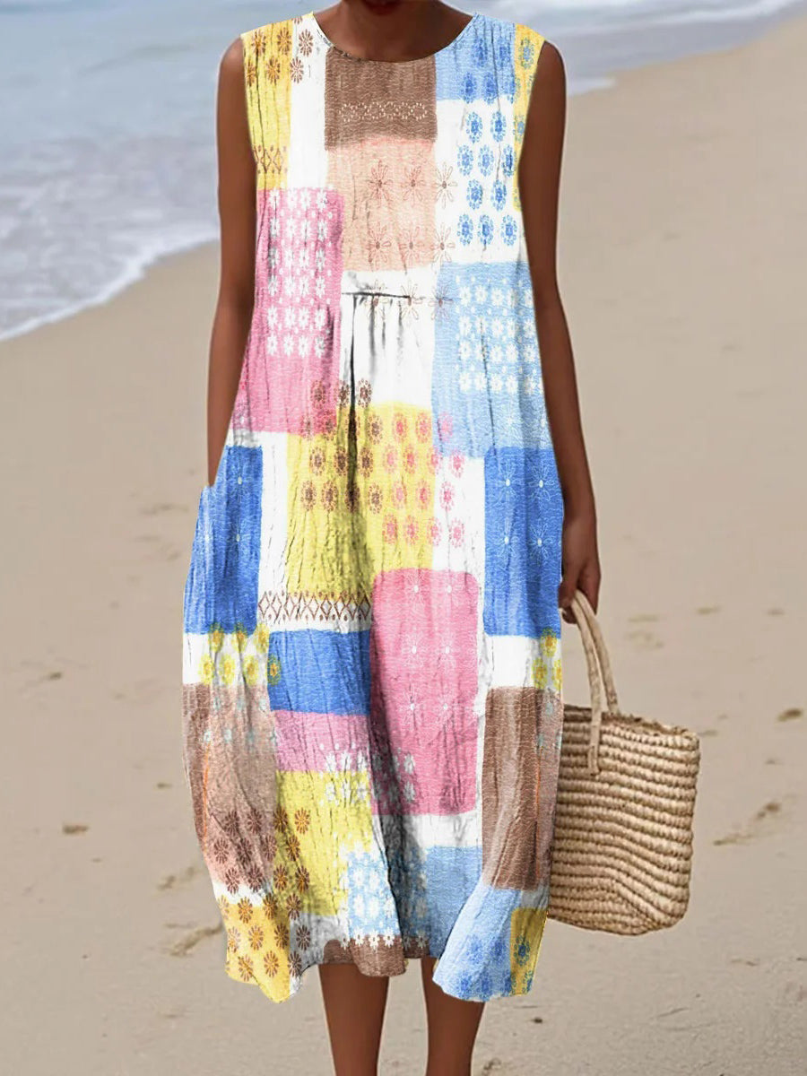 Robe sans manches à col rond pour femme, imprimée d'un motif à carreaux abstrait coloré