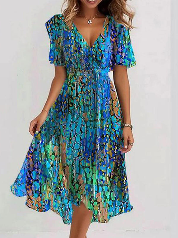 Women’s Blue V-Neck Short Sleeve Printed Flowy Midi Dress