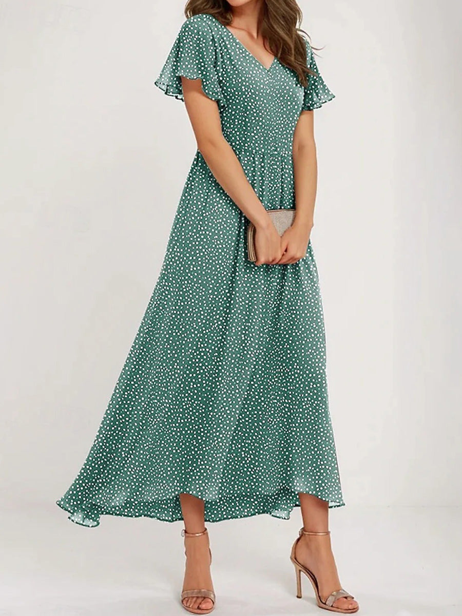 Green V-neck Short Sleeve Maxi Dress