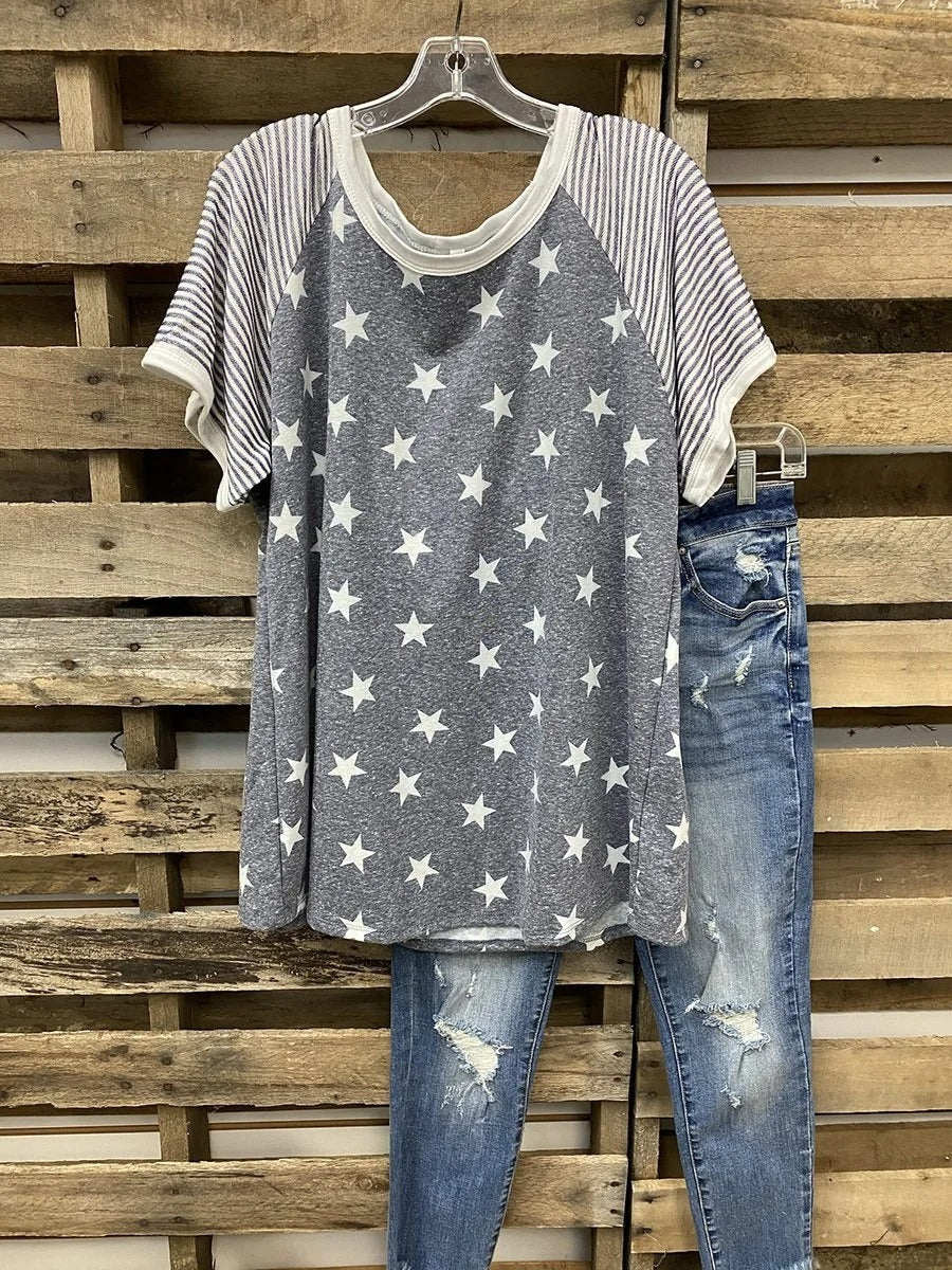 Lässiges Kurzarm-T-Shirt mit Sternen- und Streifenmuster