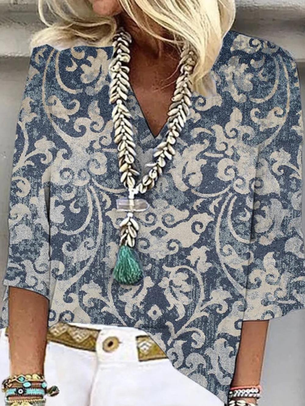Chemisier bleu décontracté à imprimé graphique, col en V, manches 3/4