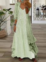 Robe longue deux pièces à manches longues et col en V pour femme, imprimée de fleurs