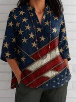 Haut bleu élégant à col en V et manches 3/4