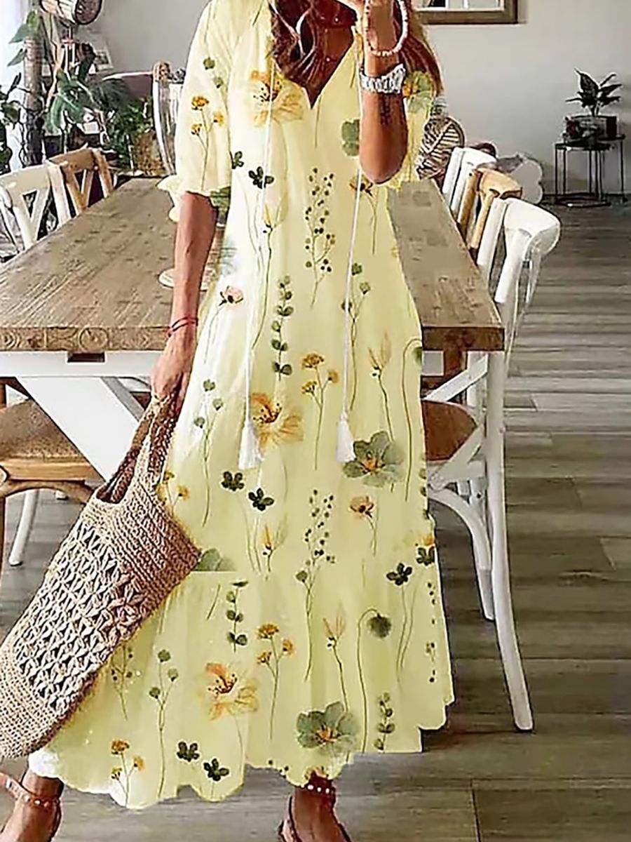 Robe longue décontractée à imprimé floral et col en V pour femme