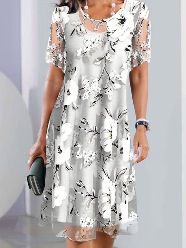 Women’s Floral Print Mesh Sleeve A-Line Midi Dress