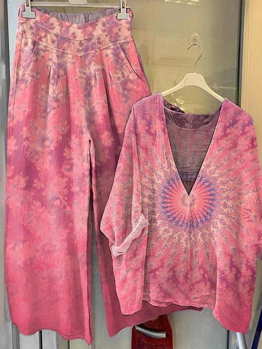 Ensemble deux pièces rose à col en V et manches longues