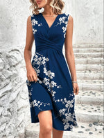 Women’s Sleeveless Floral Print V-Neck Ruched A-Line Midi Dress