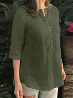 Cotton Solid Button Ruched High-Low Hem Casual Blouse