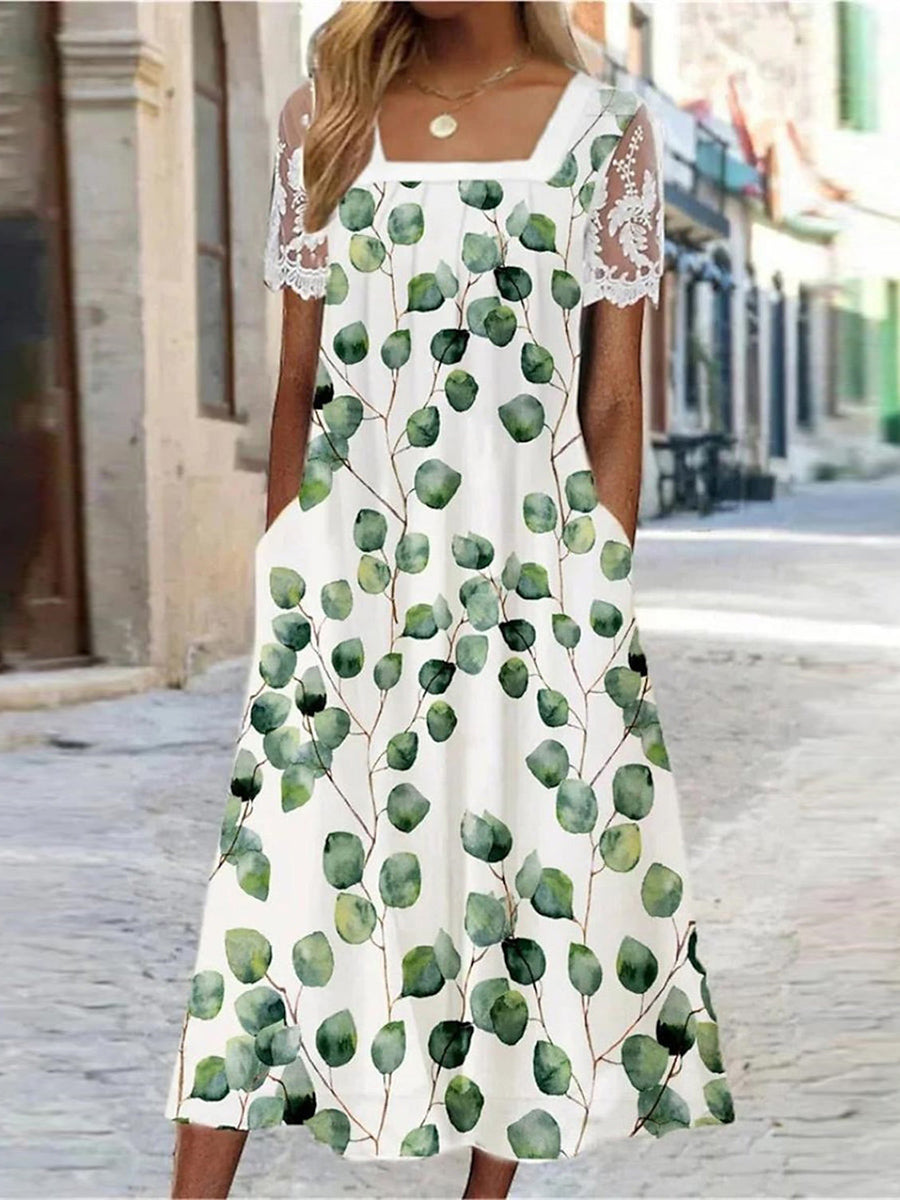 Robe midi à imprimé feuilles, col carré et manches en dentelle