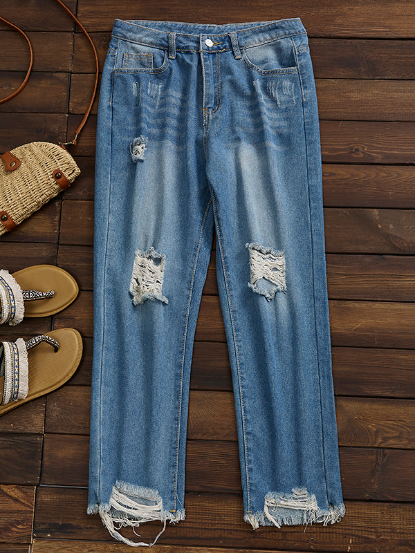 Jean déchiré et usé élégant avec ourlet effiloché