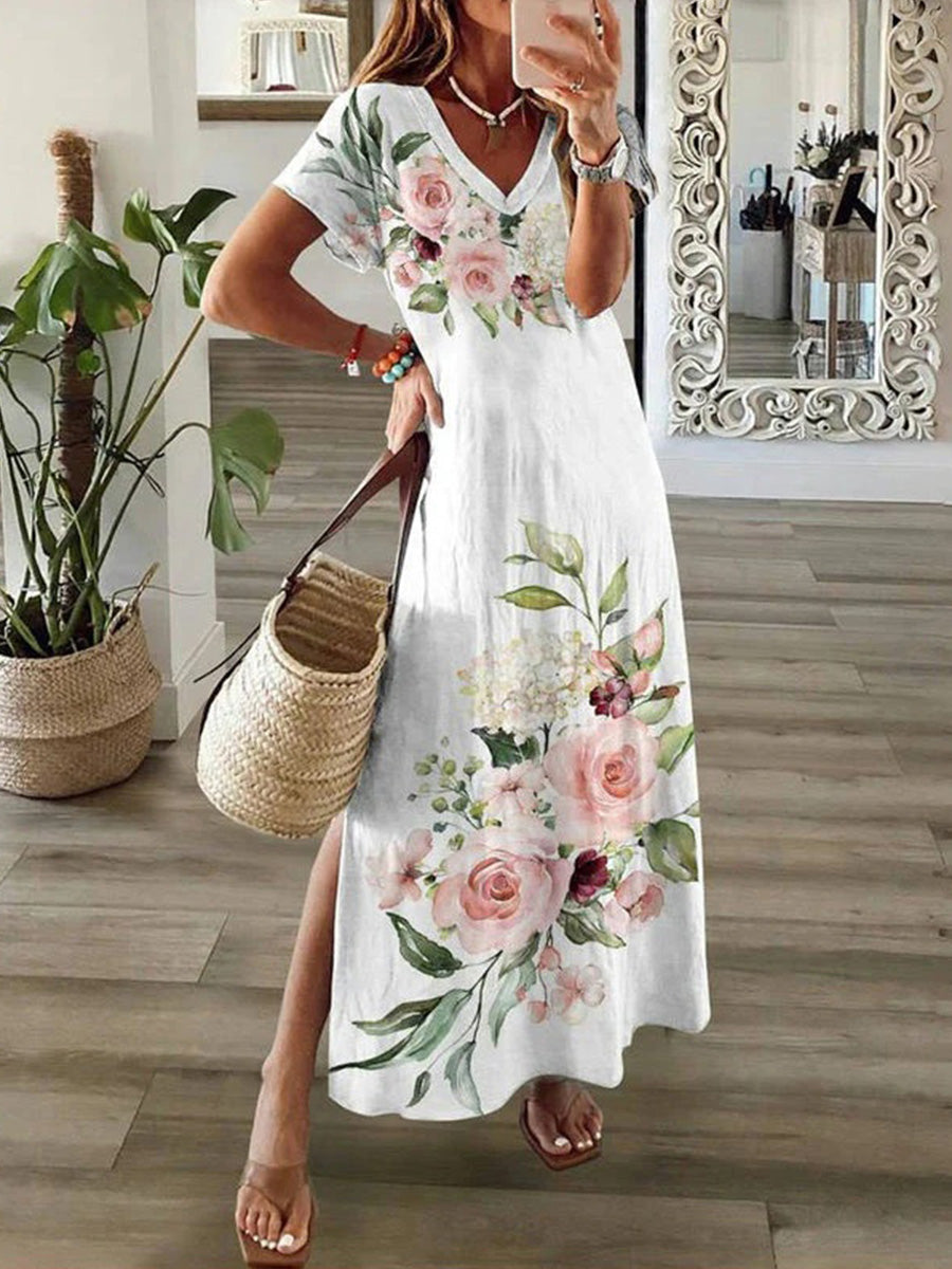 Elegant Floral Print V-neck Short Sleeve Dress