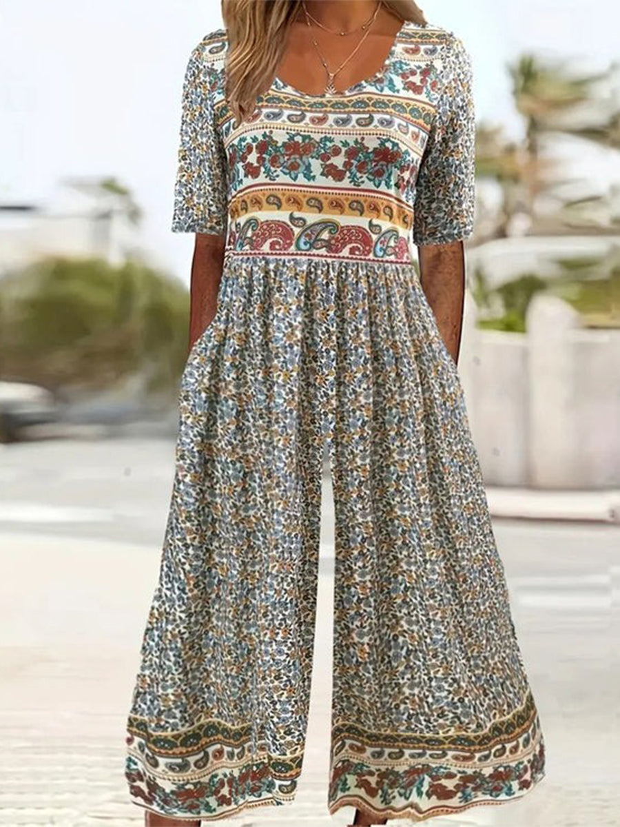 Khakifarbener Jumpsuit mit Seitentaschen und Rundhalsausschnitt