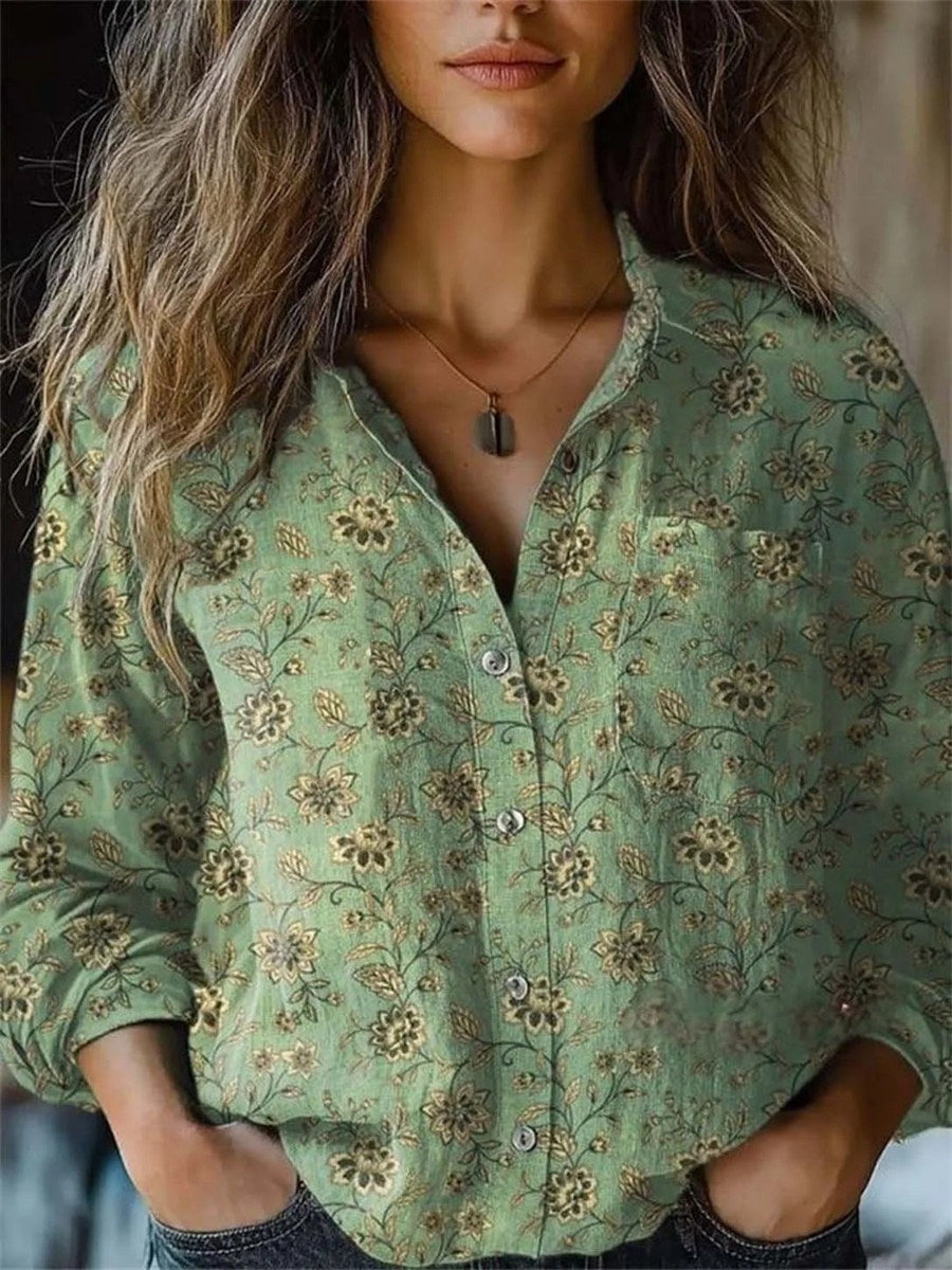 Chemise confortable à manches longues et col à revers pour femme, imprimée de fleurs