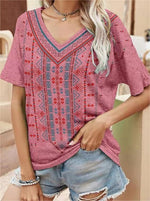 T-shirt rouge décontracté à manches courtes imprimées et col en V