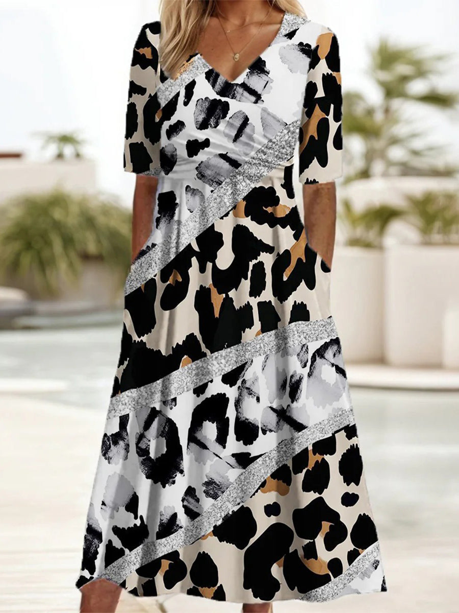 Robe midi à manches courtes et col en V