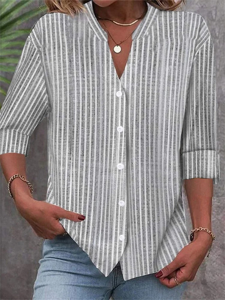 Gray Striped Casual Long Sleeve V Neck Blouse