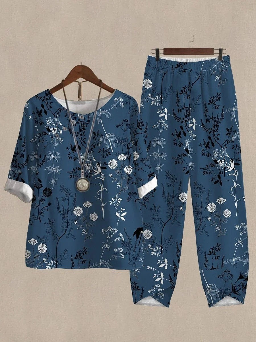 Navy Casual Round Neck Floral Printed Half Sleeve Two Piece Suit