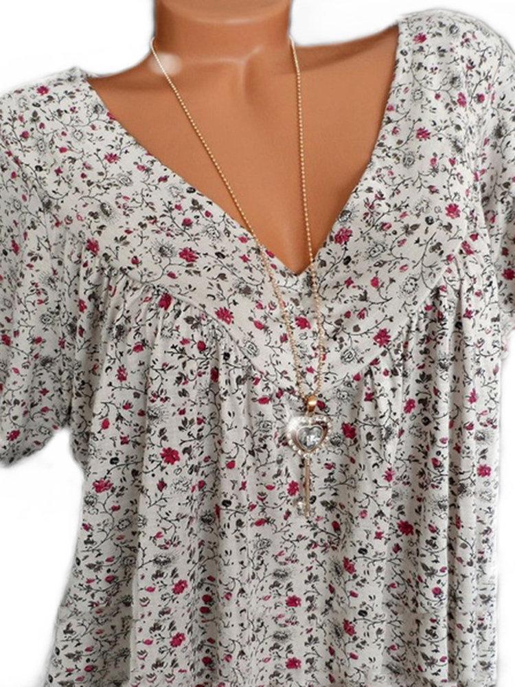 Print Floral Short Sleeve V-neck Blouse