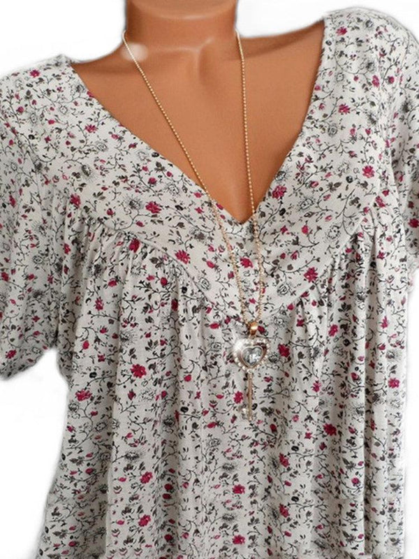 Print Floral Short Sleeve V-neck Blouse