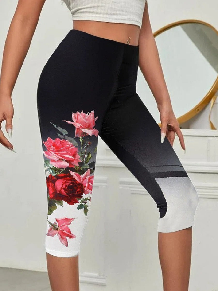 Schwarze Capri-Leggings mit Blumenmuster