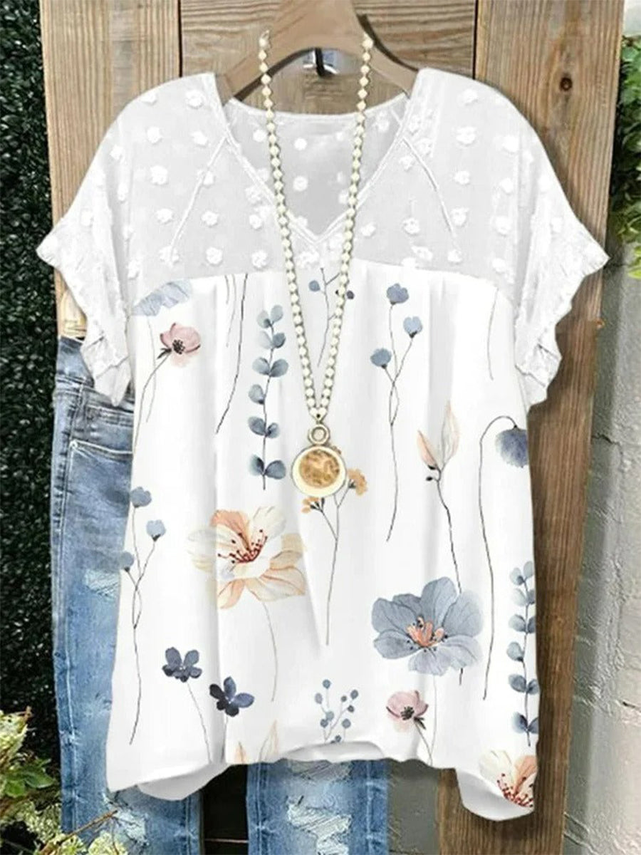 Chemise blanche à col en V en mousseline ample et décontractée à fleurs