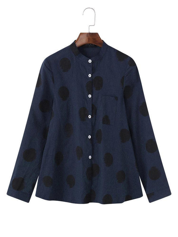 Casual Polka Dot Irregular Long Sleeve Stand Collar Blouse