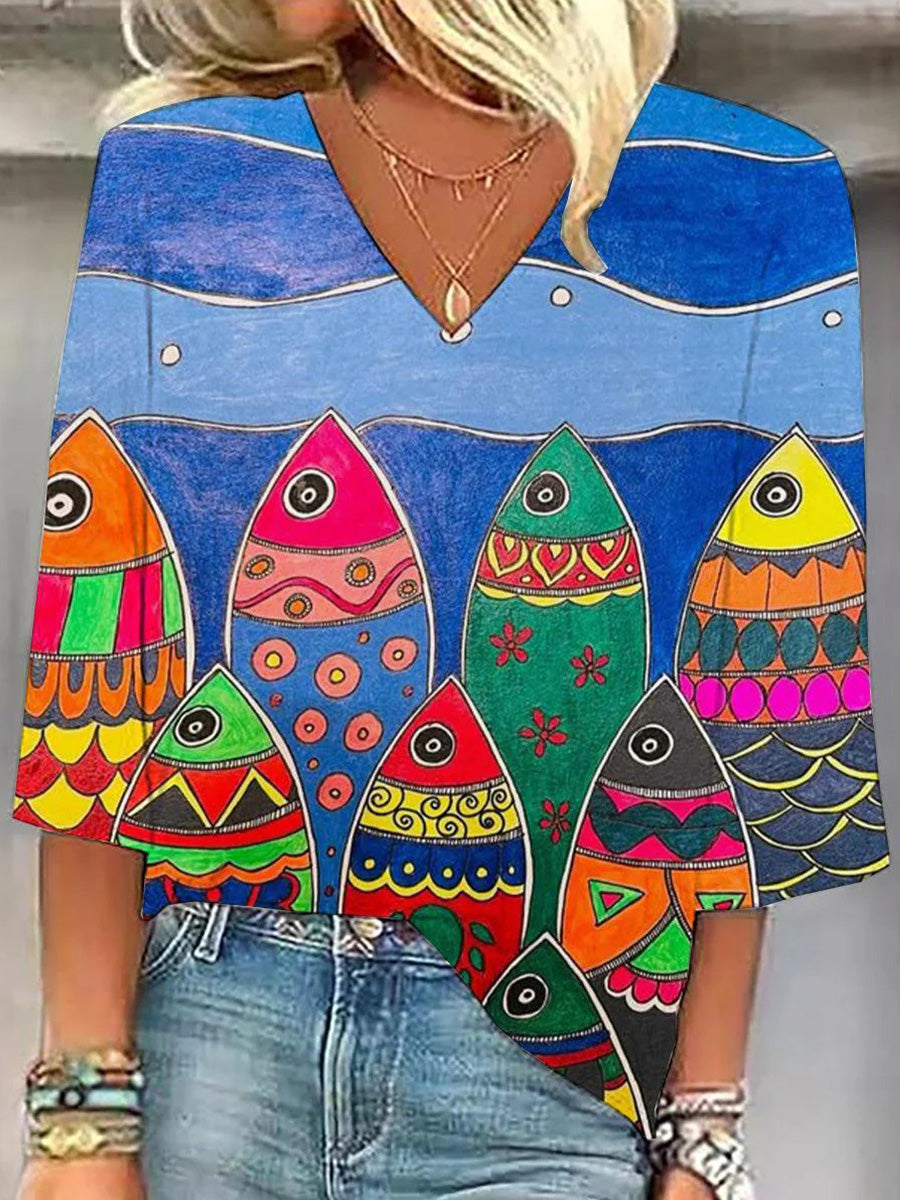 Haut tendance à col en V et manches 3/4